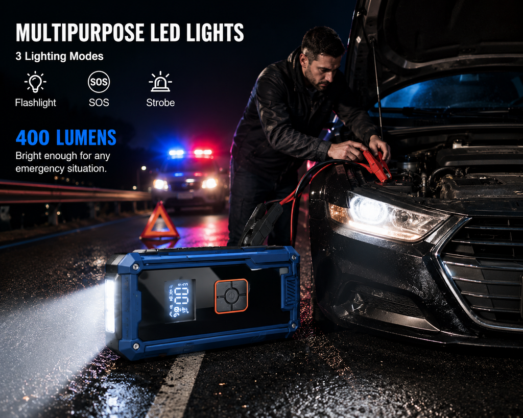 RoadGuard™ 3000A Car Jump Starter & 150 PSI Air Compressor – 99800mAh Portable Power Bank with LED Light