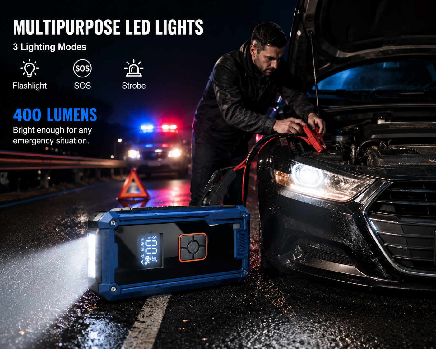 RoadGuard™ 3000A Car Jump Starter & 150 PSI Air Compressor – 99800mAh Portable Power Bank with LED Light